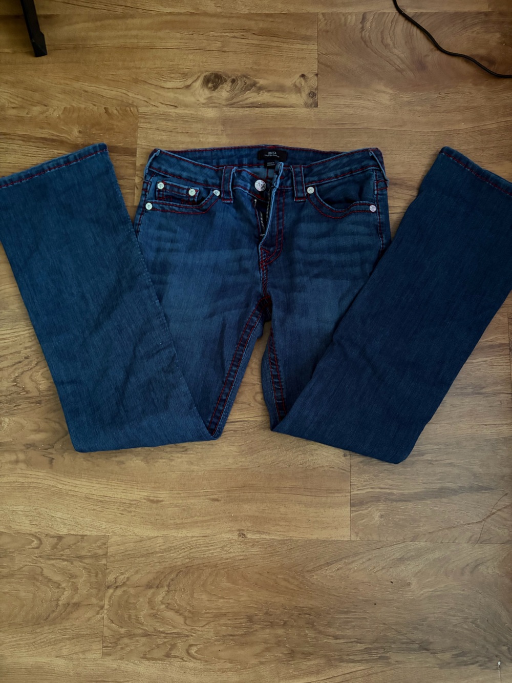 True Religion Dark Blue Boot Cut Jeans with Red Topstitching